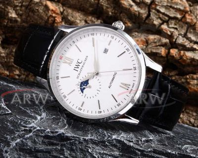 Perfect Replica IWC Portofino White Moonphase Dial Black Leather Strap 40mm Men's Watch